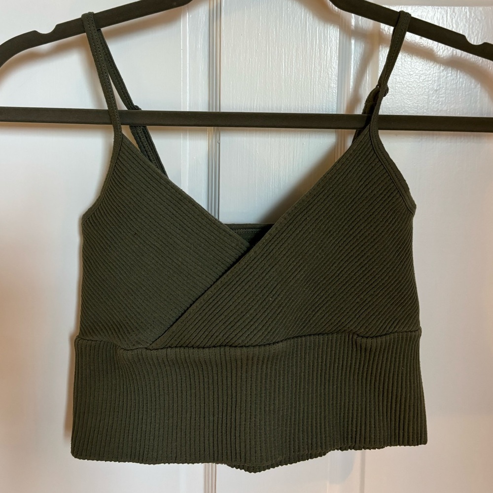 Aura Forest Green Ribbed Wrap Crop Top